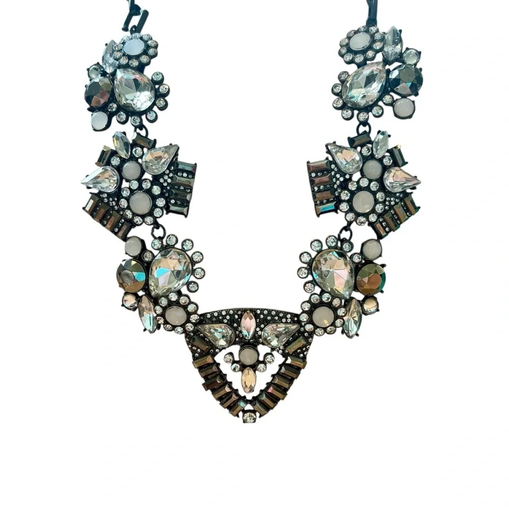 Elegant Silver Black Rhinestone Statement Necklace and Earring Set 21” Art Deco